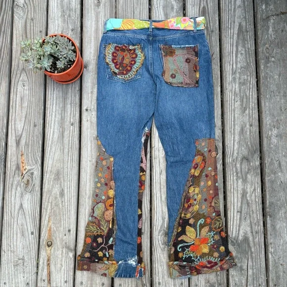 Handmade Upcycled 70s Flare Hippie Patchwork Jeans